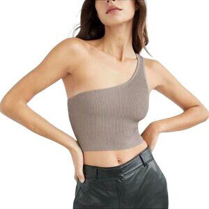 Babaton Grey One Shoulder Ribbed Sculpt Knit Cropped Top Sz L